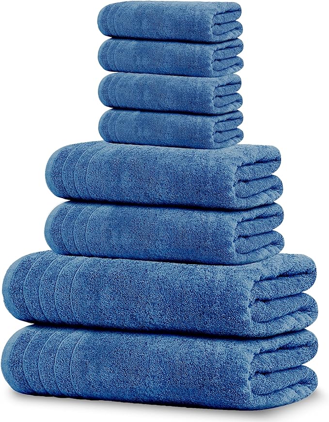 Tens Towels Pack of 8 Towels Set, 2 Extra Large Bath, 2 Hand, 4 Washcloths, 100% Cotton, Lighter Weight, Quicker to Dry, Super Absorbent, Perfect for Bathroom, Blue