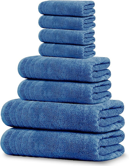 Tens Towels Pack of 8 Towels Set, 2 Extra Large Bath, 2 Hand, 4 Washcloths, 100% Cotton, Lighter Weight, Quicker to Dry, Super Absorbent, Perfect for Bathroom, Blue
