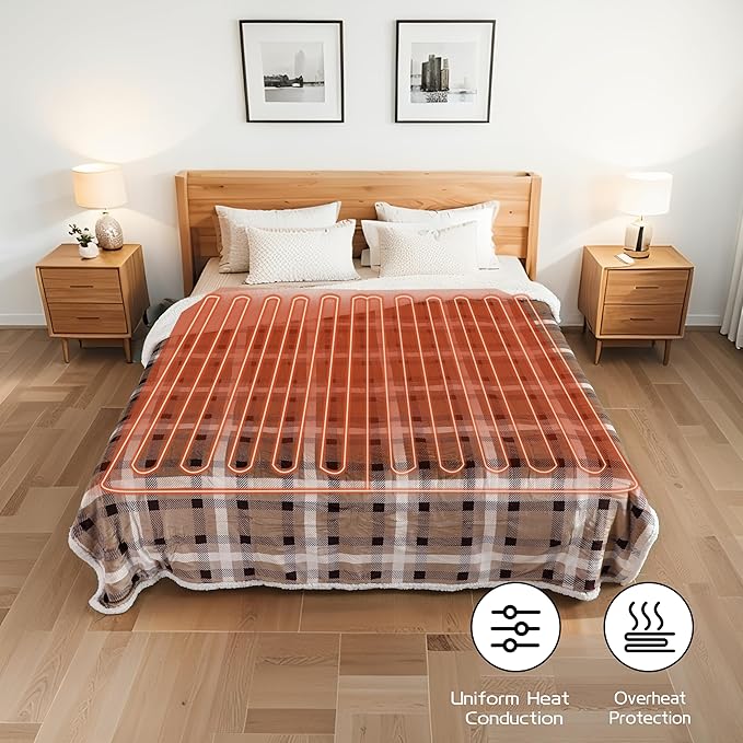Electric Heated Blanket 72"x84" Full Size, Soft Flannel and Sherpa Double-Sided Material with 4 Heating Levels and 10 Hours Auto-Off, Machine Washable, Cozy Plush Fabric for Home, Brown Plaid