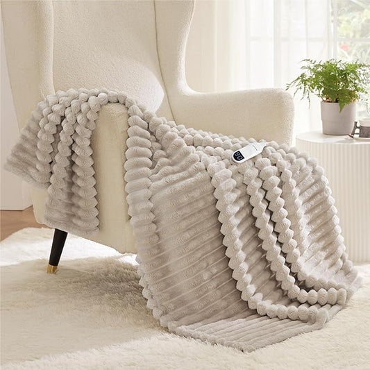 Bedsure Heated Blanket Electric Throw - Thick Striped Flannel Electric Blanket, Heating with 4 Time Settings, 6 Heat Settings, and 3-Hour Timer Auto Shut Off, Gift for Grandma (50x60 inches, Linen)