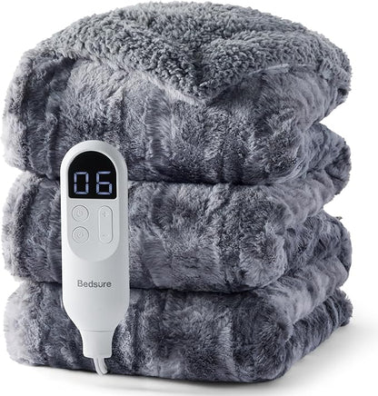Bedsure Faux Fur Heated Blanket Twin Size, Fast Heating Electric Blanket Twin Size with 6 Heating Levels & 10 Time Settings, Cozy Gifts for Women Men (62x84 inches, Grey)