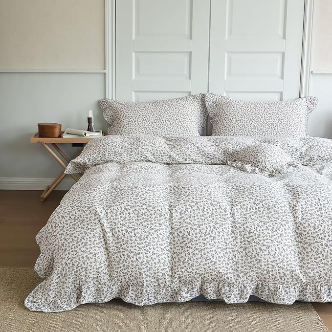 BuLuTu Blue Floral Ruffles Duvet Cover Twin for Kids Girls Boys, Double Layers Gauze Cotton Bedding Twin Quilt Cover with 2 Pillowcases, Soft Breathable Comforter Cover, Zipper & Corner Ties