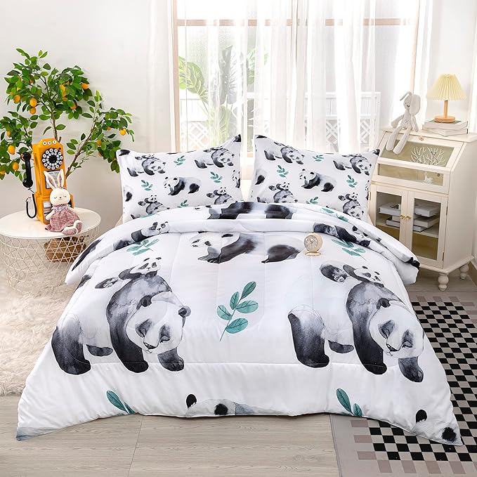 CVHOUSE Panda Bedding - Queen Size, Cute Panda Comforter & 2 Pillow Cases - 3 Piece Set