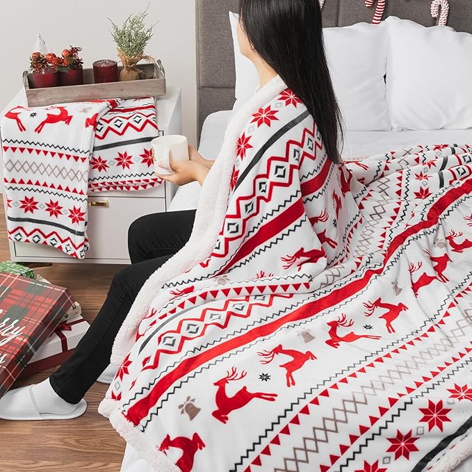 PAVILIA Red White Snowflake Reindeer Christmas Sherpa Throw Blanket, Soft Reversible Fleece Sherpa 60x80 Winter Blanket for Couch & Bed, Christmas Decor