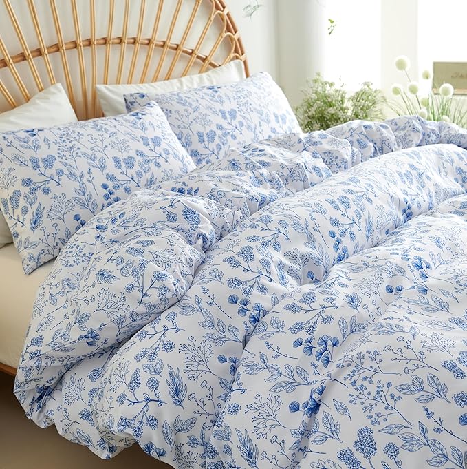 Blue Floral Duvet Cover Twin Size Botanical Romantic Flower Bedding Set Boys Girls Women Spring Aesthetic Reversible Leaves Soft Breathable Microfiber Comforter Cover 3Pcs with 2 Pillowcases