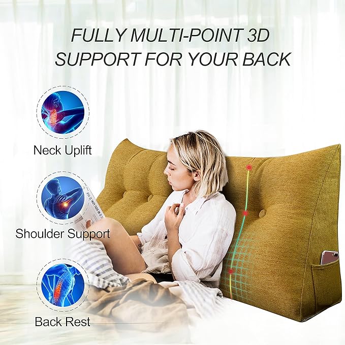 Wedge Headboard Pillow Dorm Room Reading Pillow Back Support for Sitting Up in Bed Bolster Lumbar Cushion Body Positioning Bedrest Cotton Linen 54in Yellow Full