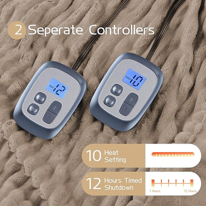 Electric Heated Blanket Queen Size 84x90 Inch - Ultra Soft Silky Flannel with Ribbed Texture, Dual Zone Controllers with 10 Heating Levels and 12 Hours Auto-Off Feature - Camel