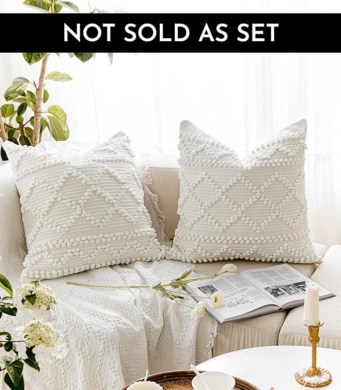 BlissBlush Pure White Decorative Throw Pillow Cover 22X22, Boho Accent Pillow for Couch, Square Modern Farmhouse Pillowcase for Living Room Couch Sofa Cushion Home Décor (Pack of 1)