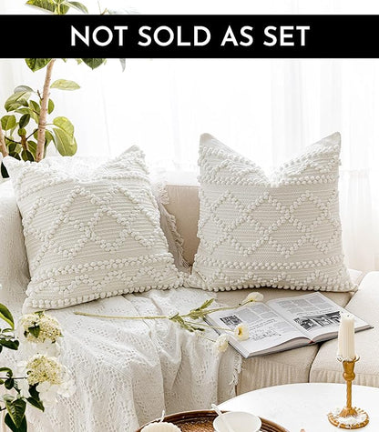 BlissBlush Pure White Decorative Throw Pillow Cover 20X20, Boho Accent Pillow for Couch, Square Modern Farmhouse Pillowcase for Living Room Couch Sofa Cushion Home Décor (Pack of 1)