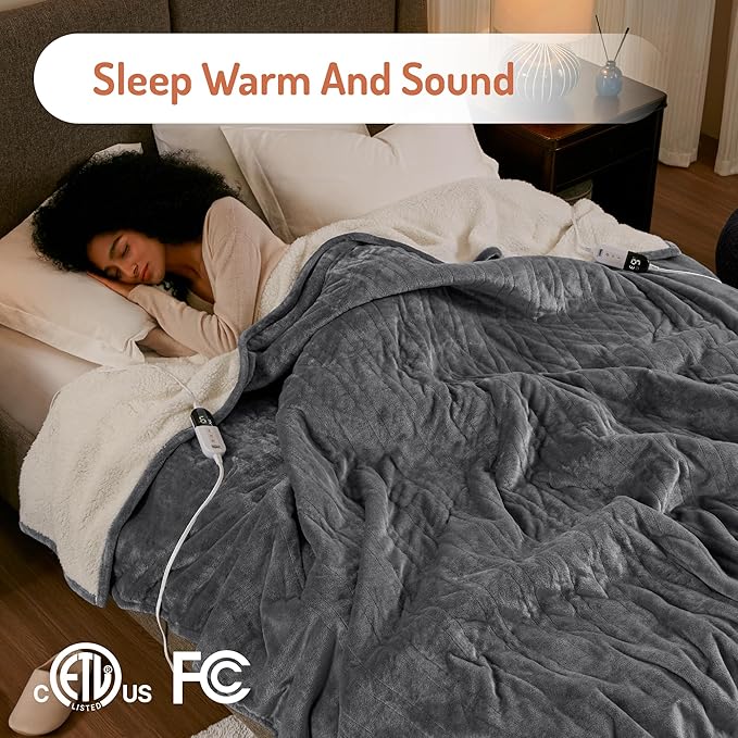 Degrees of Comfort Electric Throw Blanket Full Size - Soft Sherpa Heating Blankets with 6 Heat Settings, 10-Hour Auto Shut-Off, Overheat Protection, Etl Certified (Grey, 72x84 '' for Winter)