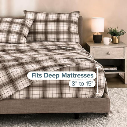 Bare Home Cotton Flannel Sheet Set Prints, 100% Cotton, Velvety Soft Heavyweight - Double Brushed for Softness & Comfort - Deep Pocket - Bed Sheets (Twin, Chesapeake Plaid - Neutral)