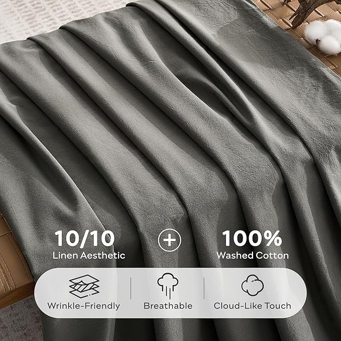 JELLYMONI 100% Washed Cotton Duvet Cover Full – Soft, Breathable Linen-Look Bedding with Natural Wrinkle Texture, Button Closure, 3-Piece Set (Dark Grey, 80"x90")