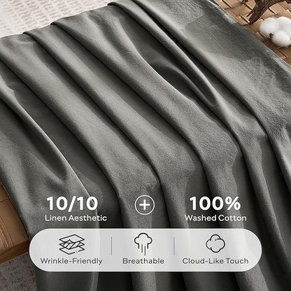 JELLYMONI 100% Washed Cotton Duvet Cover King – Soft, Breathable Linen-Look Bedding with Natural Wrinkle Texture, Button Closure, 3-Piece Set (Dark Grey, 104"x90")