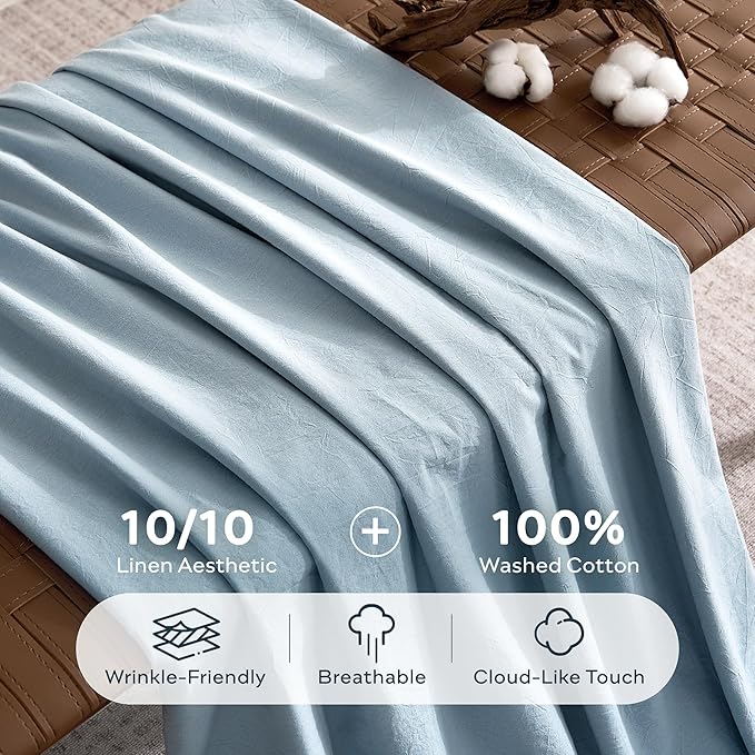 JELLYMONI 100% Washed Cotton Duvet Cover Twin – Soft, Breathable Linen-Look Bedding with Natural Wrinkle Texture, Button Closure, 3-Piece Set (Mist Blue, 68"x90")