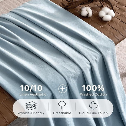 JELLYMONI 100% Washed Cotton Duvet Cover Twin – Soft, Breathable Linen-Look Bedding with Natural Wrinkle Texture, Button Closure, 3-Piece Set (Mist Blue, 68"x90")