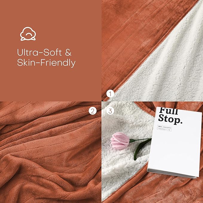 Electric Heated Blanket Throw Size 50"x60" - Flannel & Sherpa Fabric Dual-Sided, 6 Heat Settings & 1-3 Hours Auto Off, Soft & Cozy Warming Throw for Home, Office, or Bed, Machine Washable, Caramel