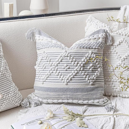 BlissBlush Gray Cream White Boho Throw Pillow Cover 22X22, Boho Woven Textured Pillow Cover, Neutral Pillow Cover, Sofa Couch Bed Farmhouse Lumbar Pillow (Cover ONLY)