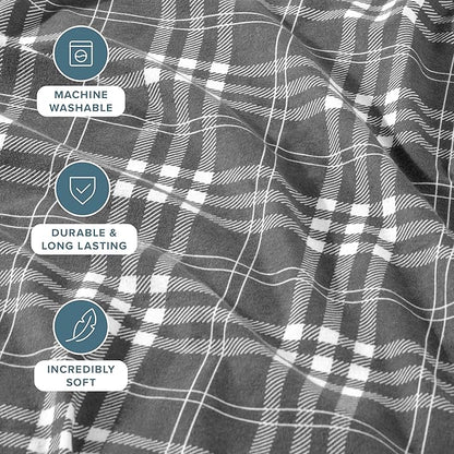 Bare Home Flannel Sheet Set Prints, 100% Cotton, Velvety Soft Heavyweight - Double Brushed Flannel for Extra Softness & Comfort - Deep Pocket - Bed Sheets (Twin, Stirling Plaid - Grey/White)