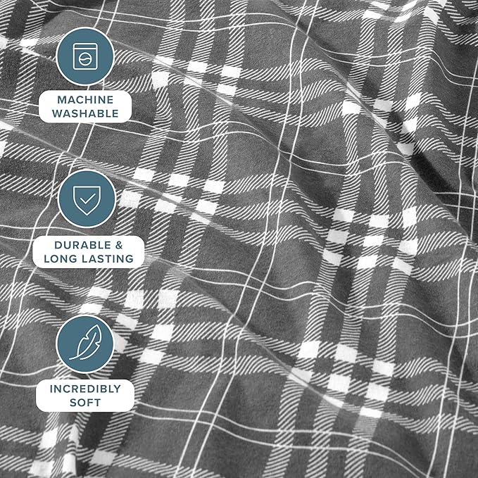 Bare Home Cotton Flannel Sheet Set Prints, Bed Linen Set, Double Brushed Flannel for Extra Softness & Comfort, 4 Piece, Queen, Stirling Plaid - Grey/White