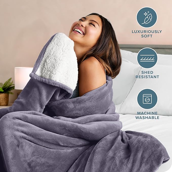 Bare Home Sherpa Fleece Blanket - Full/Queen Size - Blanket for Bed, Sofa, and Couch - Warm & Lightweight - Fluffy & Soft - Reversible (Full/Queen, Dusty Purple)