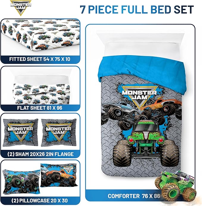Jay Franco Kids Comforter Set Includes Sheets and Pillow Covers - Soft and Cozy Bed Set for Stylish Room Decor, Gray - Monster Jam 01, 7 Piece Full Size Bedding