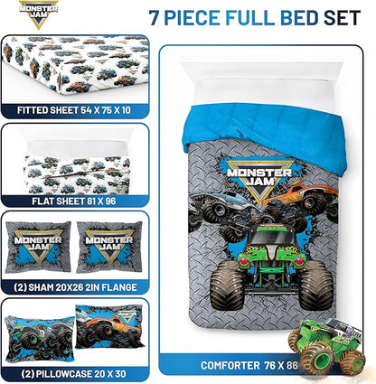Jay Franco Kids Comforter Set Includes Sheets and Pillow Covers - Soft and Cozy Bed Set for Stylish Room Decor, Gray - Monster Jam 01, 7 Piece Full Size Bedding