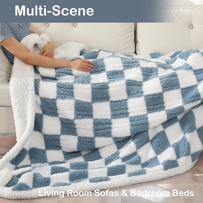 Electric Heated Blanket Full Size 72"×84" with 6 Heating Levels & 1-10Hs Auto Off, Checkered Plaid Heating Blanket Double Sided Sherpa, Fast Heating, Machine Washable for Christmas Gift Light Blue