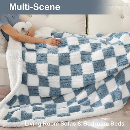 Electric Heated Blanket Full Size 72"×84" with 6 Heating Levels & 1-10Hs Auto Off, Checkered Plaid Heating Blanket Double Sided Sherpa, Fast Heating, Machine Washable for Christmas Gift Light Blue