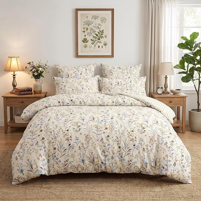 Floral Duvet Cover Queen Size Beige Striped Bedding Set with Purple Flowers 3 Pieces Kids Boys Girls Botanical Garden Style Stripe Reversible Fall Soft Microfiber Duvet Cover Set