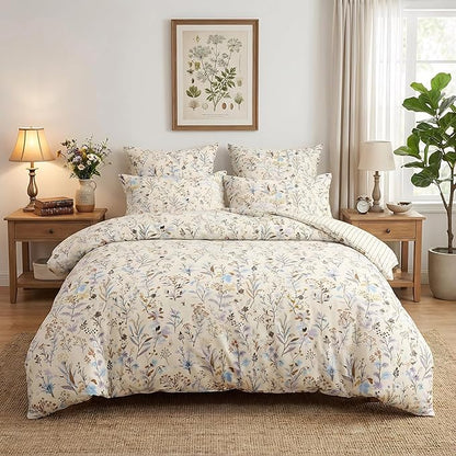 Floral Duvet Cover Queen Size Beige Striped Bedding Set with Purple Flowers 3 Pieces Kids Boys Girls Botanical Garden Style Stripe Reversible Fall Soft Microfiber Duvet Cover Set