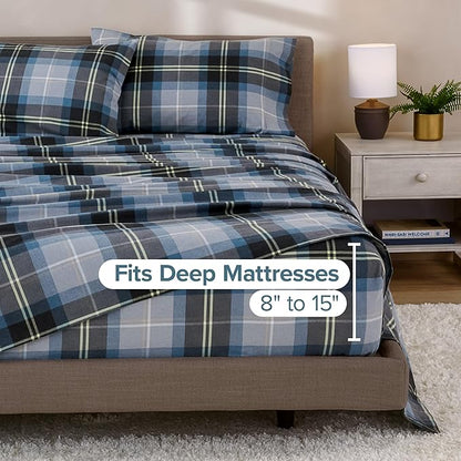Bare Home Cotton Flannel Sheet Set Prints, 100% Cotton, Velvety Soft Heavyweight - Double Brushed for Softness & Comfort - Deep Pocket - Bed Sheets (Twin, Symphony Plaid - Blue)