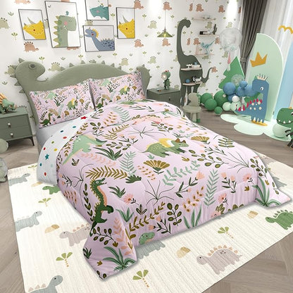 Castle Fairy Cute Dino Kids Comforter Set Twin Size,Kawaii Green Dinosaur Reversible Bedding Set for Kids Girls,Cartoon Wildlife Floral Leaves Plant Quilted Duvet with 1 Pillowcase,Pink