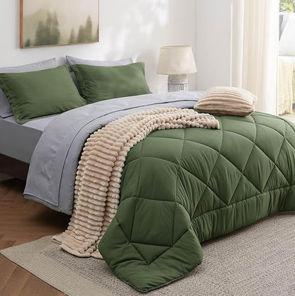 Bedsure Full Size Comforter Set - 7 Pieces Reversible Olive Green Bedding, Full Size Bed Set for All Seasons, Bed in a Bag with Down Alternative Comforter, Sheets, Pillowcases & Shams