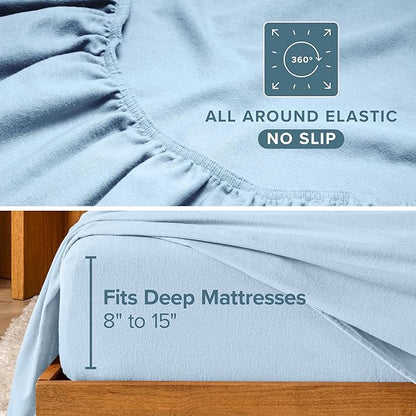 Bare Home Flannel Sheet Set 100% Cotton, Velvety Soft Heavyweight - Double Brushed Flannel - Deep Pocket (Split King, Light Blue)