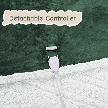 Electric Heated Blanket Queen Size 84"x90", Soft Flannel with Dual Controllers & Overheat Protection, 6 Adjustable Heat Settings & 10-Hour Auto-Off Timer, Fast Heating for Winter Comfort, Dark Green