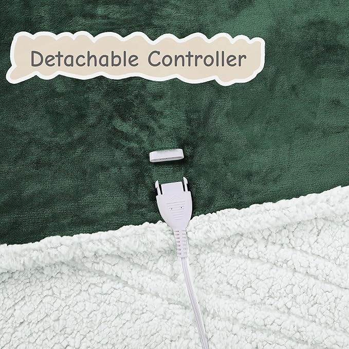 Electric Heated Blanket Throw Size 50"x60", Soft Flannel with Overheat Protection, 6 Adjustable Heat Settings & 3-Hour Auto-Off Timer, Fast Heating for Winter Comfort, Dark Green
