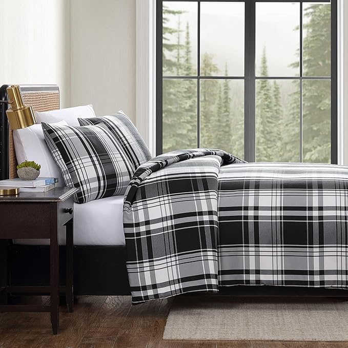 Eddie Bauer - King Comforter Set, Super Soft Reversible Bedding with Matching Shams, Plaid Home Decor, Oeko-Tex Certified (Saddle Mountain Plaid Black, King)