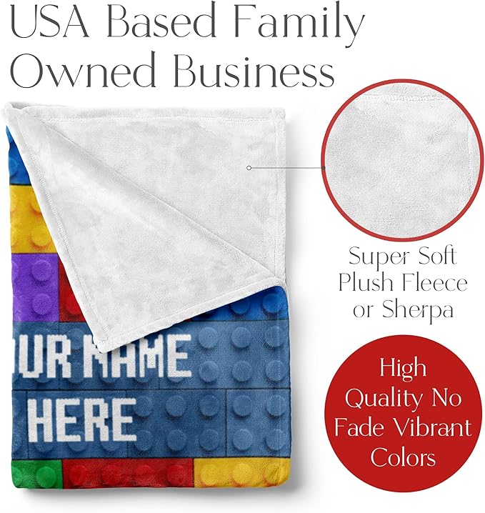 Custom Blanket for Girls with Name | Compatible | Ultra Soft Warm Bedding | Room Decor or Bed Cover | Couch Blanket | Creative Colorful Building Blocks (Sherpa, 50x60)