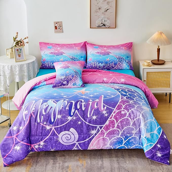 RYNGHIPY Mermaid Comforter Set 6Pcs, Kids Gilrs Bed in a Bag Full Size, Mermaid Tail Print Teens Girls Bedding Set, Rainbow Bedding Collections