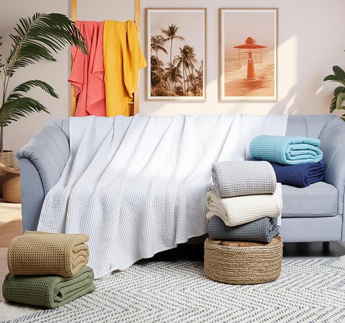 Tex Trend 100% Cotton Blankets – Soft and Breathable Twin XL White Waffle Blanket – for Christmas & All Season Comfort – Suitable for Bed Layering, Sofa, Couch and Chair (60”x90”)