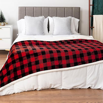 PAVILIA Buffalo Check Sherpa Blanket Throw Queen,Red Black Checkered Flannel Fleece Blanket,Christmas Plaid Warm Plush Microfiber Blanket for Couch Sofa,90x90 Inches
