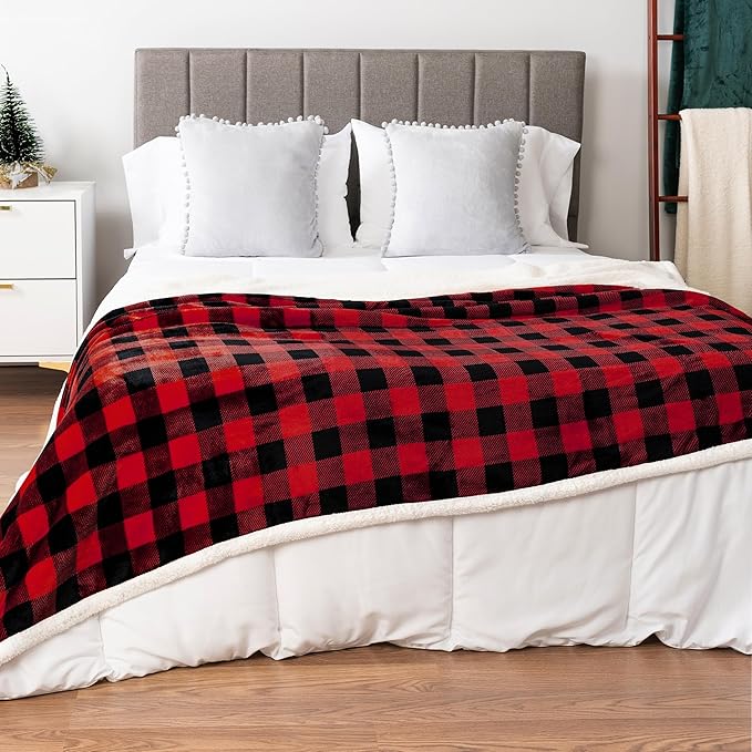 PAVILIA Buffalo Check Sherpa Blanket Throw King,Red Black Checkered Flannel Fleece Blanket,Christmas Plaid Warm Plush Microfiber Blanket for Couch Sofa,90x108 Inches