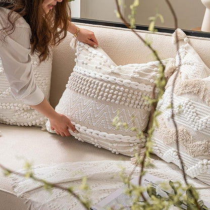 BlissBlush Boho Throw Pillow Cover 20X20, Decorative Accent Pillow for Couch, Square Woven Textured Pillowcase, Modern Boho Pillow for Bed, Bohemian Pillow Cover, Cream White Neutral (Pack of 1)