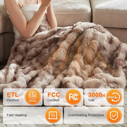 Heated Throw Blanket - Plush Thick Bubble Faux Fur Heated Blanket, Fast Heating Electric Blanket 6 Heating Levels & 4 Hours Auto-Off, Machine Washable, 50"x60", Patterned Taupe