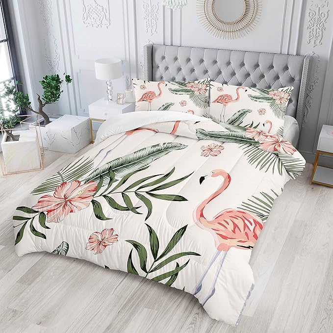 Flamingo Comforter Set Twin Size Tropical Flamingo Palm Tree Leaf Pattern Bedding Set Flower Quilted Duvet for Kids Girls Boys Adult with 1 Comforter and 2 Pillowcases