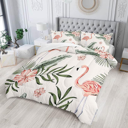 Flamingo Comforter Set Twin Size Tropical Flamingo Palm Tree Leaf Pattern Bedding Set Flower Quilted Duvet for Kids Girls Boys Adult with 1 Comforter and 2 Pillowcases