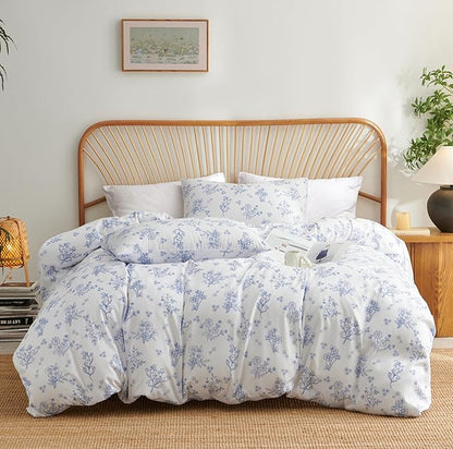 Blue White Floral Duvet Cover Full Size Romantic Flower Bedding Set Kids Boys Girls Women 3Pcs Hand Drawn Style Botanical Spring Aesthetic Leaves Reversible Comforter Cover with 2 Pillowcases