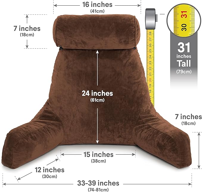 Husband Pillow XXL - Reading Pillow Bed Chair with Arms & Back Support - Chocolate - Back Pillow for Bed Sitting Up - Bed Rest Arm Pillow - Comfy Reading Pillow for Adults