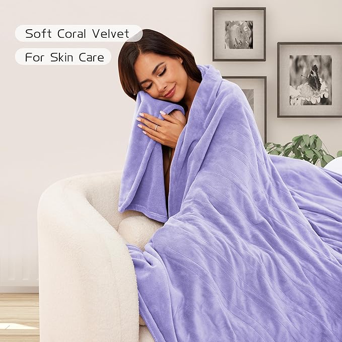 Electric Heated Blanket 90"x100" King Size, Soft Coral Fleece, Dual Controllers with 4 Heating Levels and 10 Hours Auto-Off, Machine Washable, Cozy Plush Fabric for Home, Light Purple