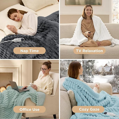 Bedsure Electric Blanket Queen Size - Thick Striped Flannel Electric Blanket with Dual Control, Heating with 10 Heat Settings & 10 Time Settings, 8 hrs Timer Auto Shut Off (84x90 inches, Grey)